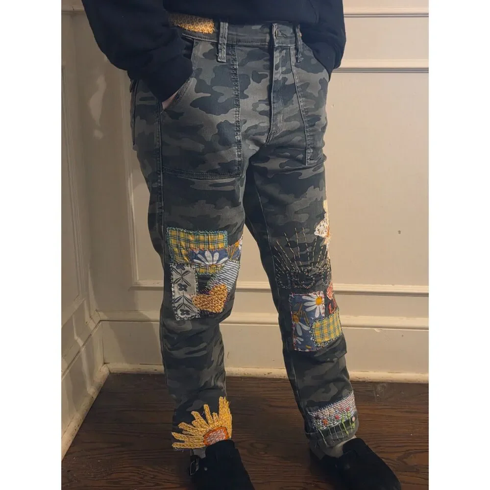 Upcycled, Hand Stitched, "Jesus Loves U" camo pants Size 4/27 - Picture 2 of 5